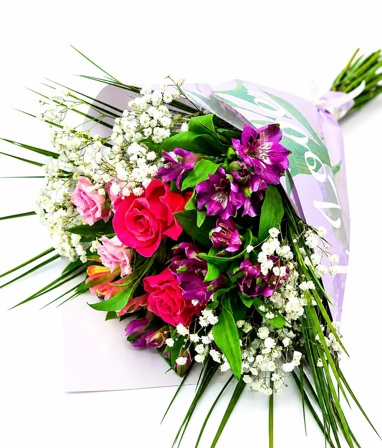 Buchet cu trandafiri si alstroemeria Purple